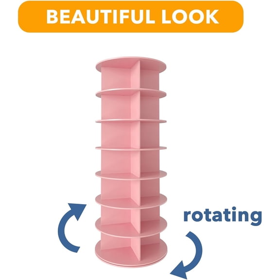 Space Saving Pink 7 Tier Rotating Shoe Carousel 360 Degree Spinning Shoe Rack Tower Vertical Revolving Shoe Display for Closet Organization Handbag Storage