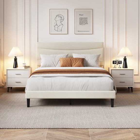 Space-Saving Platform Bed with Storage Headboard and 2 Drawers, Upholstered Metal Frame, No Box Spring Needed