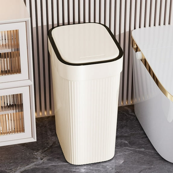 Space Saving Press Top Flip Lid Trash Can | Slim Kitchen Bathroom Office Garbage Bin | White or Black Plastic Wastebasket | 30x24x17cm