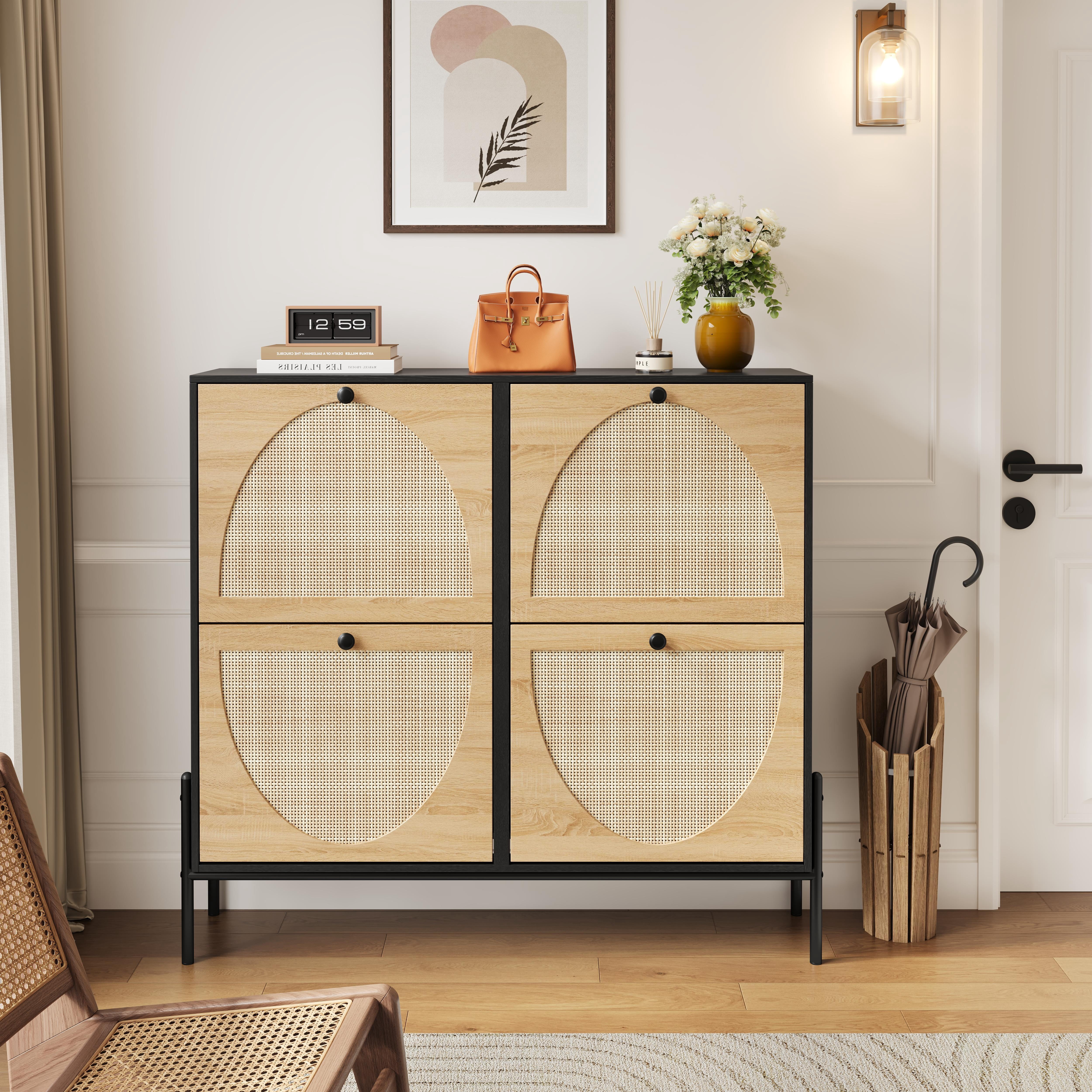 Elegant Space-Saving Rattan Shoe Cabinet with 4 Flip-Down Doors