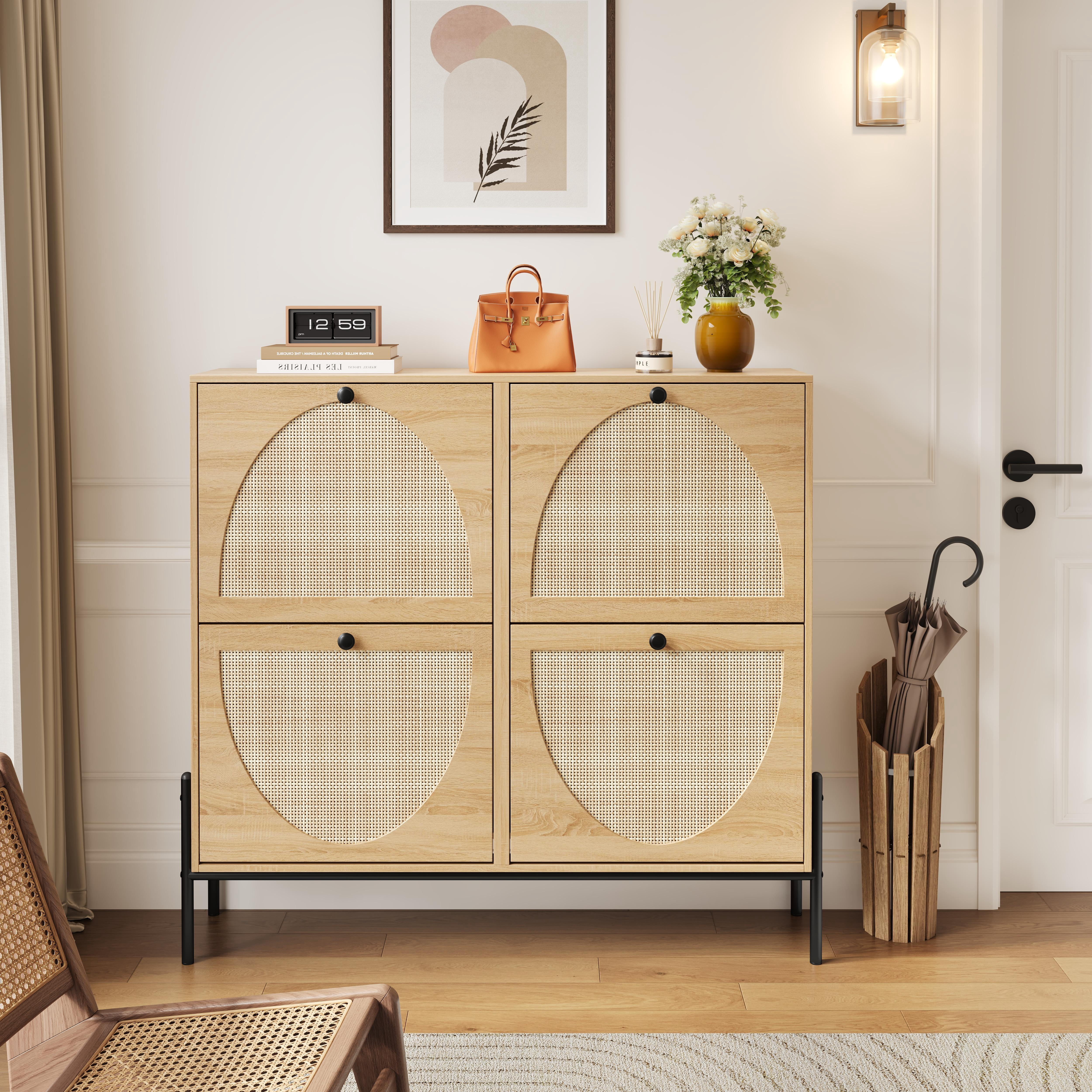Space-Saving Rattan Shoe Cabinet with 4 Flip-Down Doors – Elegant Narrow Storage for Entryways & Hallways