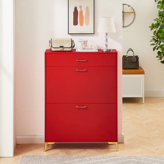 Space Saving Red Shoe Storage Cabinet with 2 Flip Drawers, Ample Storage, Sturdy MDF & Metal Construction Space Saving, Red - Easy to Assemble, Shoe Storage Cabinet for Doorway Hallway Entryway