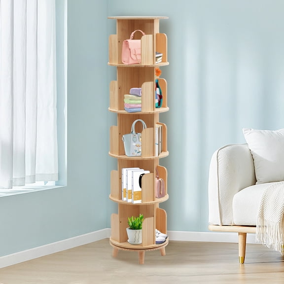 Space-Saving Revolving Bookstand with 5 Tiers, 4 Compartments, Made from Eco-Friendly New Zealand Pine Wood, 110lbs Load Capacity, Easy to Clean and Convenient to Use