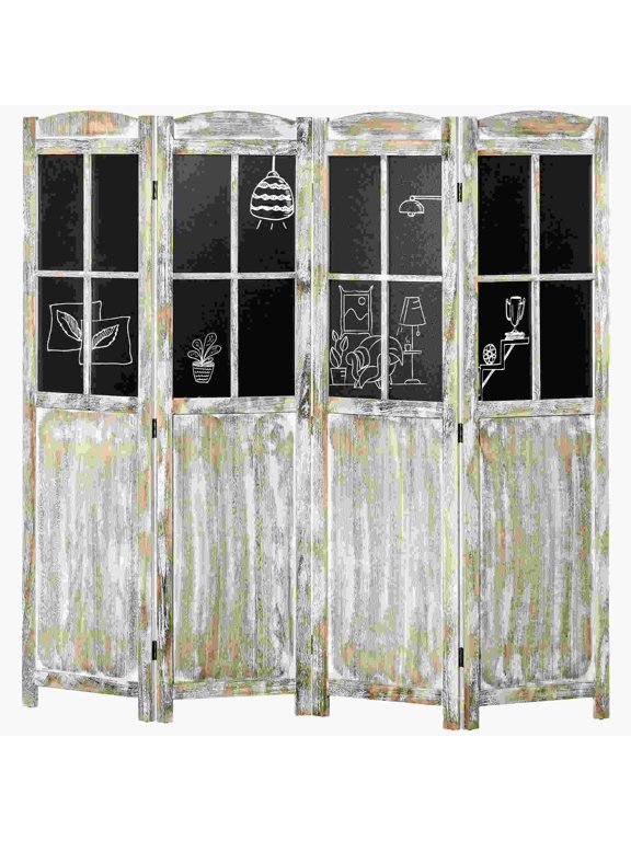 Space Saving Room Divider for Small Spaces, 4 Panel Folding Privacy Screen 5.6 Tall Farmhouse Style Wood Partition Wall with Black Boards, Freestanding for Home Office, Natural