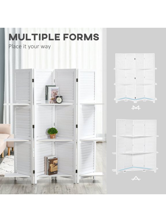 Space Saving Room Divider with Display Shelves, 4 Panel 67 Tall Folding Privacy Screen for Bedroom and Home Office, White Wood