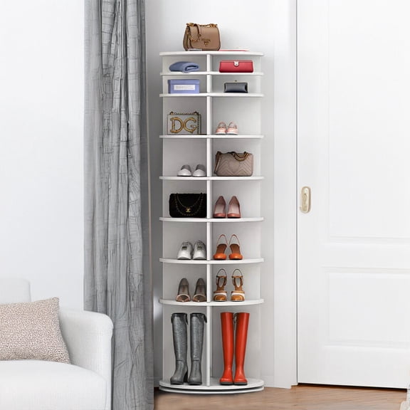 Space Saving Rotating Shoe Rack Tower, 8 Tier 360 Spinning Shoe Organizer for Closet, Vertical Handbag Storage, White PVC