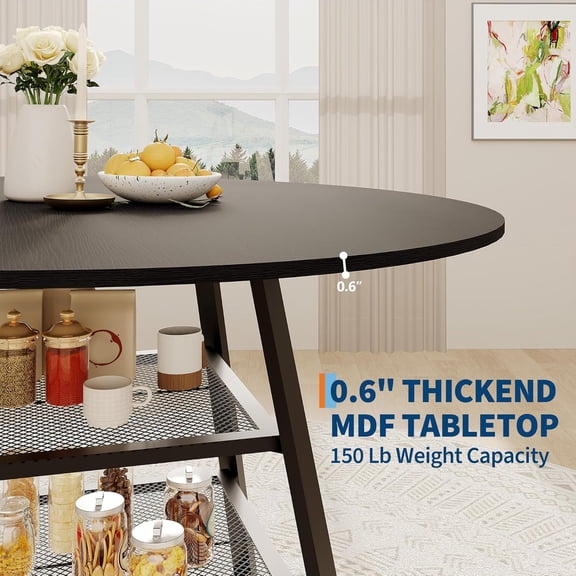 Space-Saving Round Dining Table with Storage Shelf – 42 Inch Modern Wood & Metal High Top Table for 4-6, Sturdy Circle Design for Kitchen or Dining Room, Black