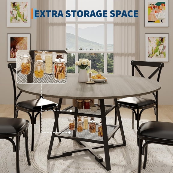 Space-Saving Round Dining Table with Storage Shelf – 47 Inch High Top Modern Wood & Metal Table for 4-6, Sturdy Circle Kitchen or Dining Room Table, Gray