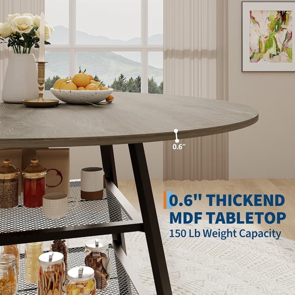 Space-Saving Round Dining Table with Storage Shelf – 42 Inch Modern Wood & Metal High Top Table for 4, Perfect for Apartment or Breakfast Nook, Gray