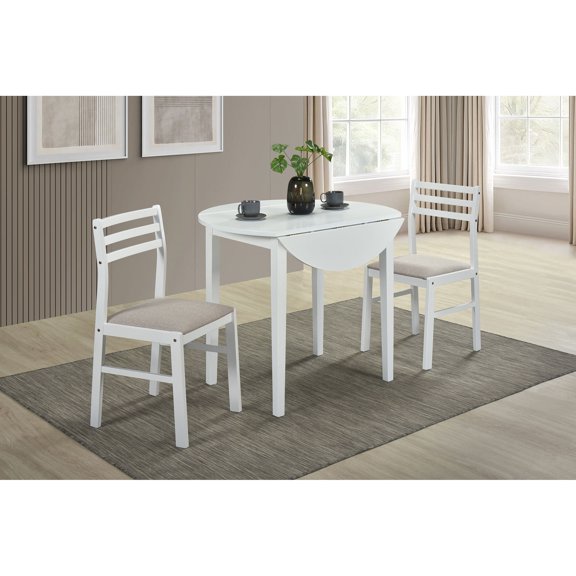 Space Saving Round Drop Leaf Dining Table Set for Small Kitchen, 3 Piece White Wooden Dinette Set with 2 Chairs