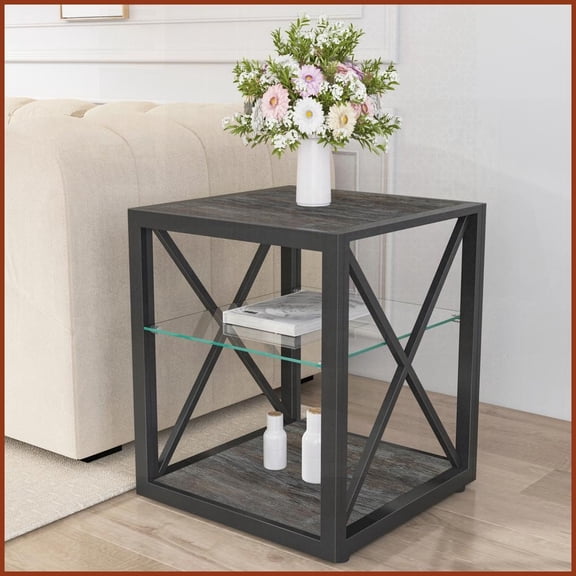 Space-Saving Rustic Coffee Table for Living Room/Bedroom, Tempered Glass Top, Easy-Clean & Stable X-Frame