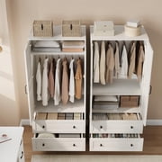Space-Saving Rustic White Wooden Wardrobe Closet   72" Tall Bedroom Storage Cabinet with 2 Drawers, Doors, Hanging Rod, 18 Adjustable Shelves, Organizer for Bedroom and Living Room, White AB box