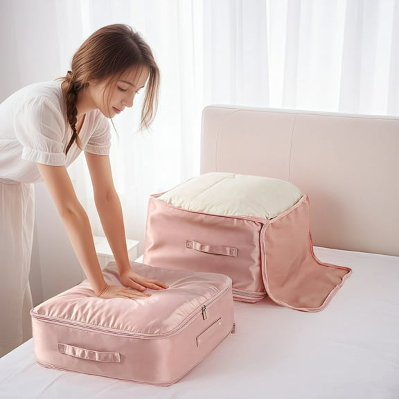 Space Saving Self Compression Organizer for Quilts and Clothes, Nylon Storage Bag with Zipper and Handles, Large Capacity 20.5 x 17.7 x 5.9 inches, Multi-Purpose for Home and Travel