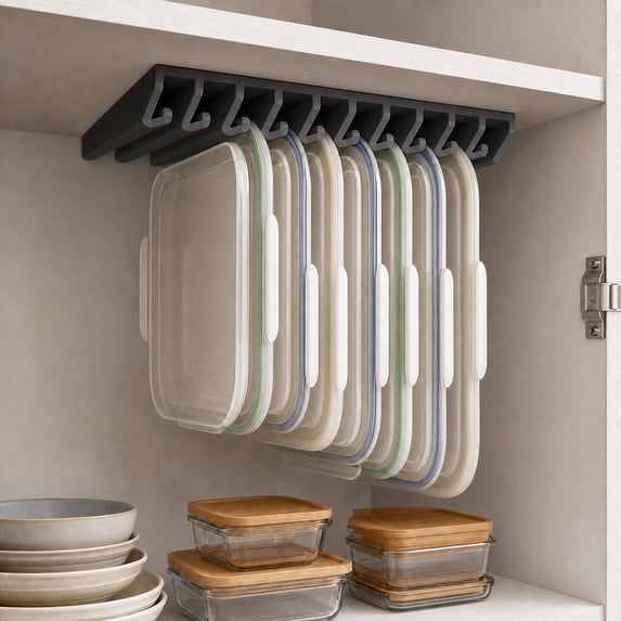 Space Saving Under Shelf Lid Organizer, 8 Slot Durable Plastic Construction, Fits Kitchen Cabinet Pantry Shelf And Countertop, Black Storage Organizer