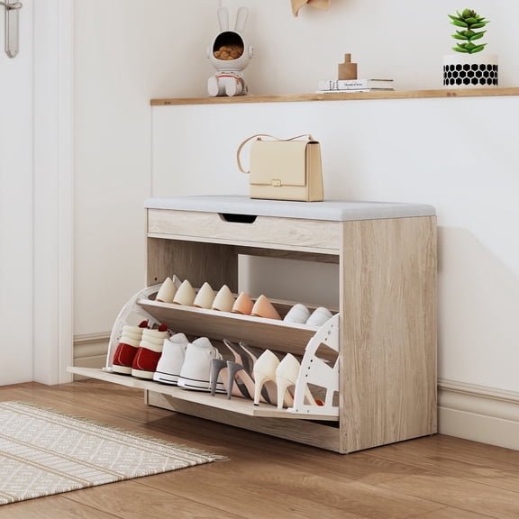 Space-Saving Shoe Bench with Cushioned Seat & Flip-Drawer ,Small Space Entryway Cabinet with Storage , Shoe Rack Organizer for Narrow Hallway,Natural