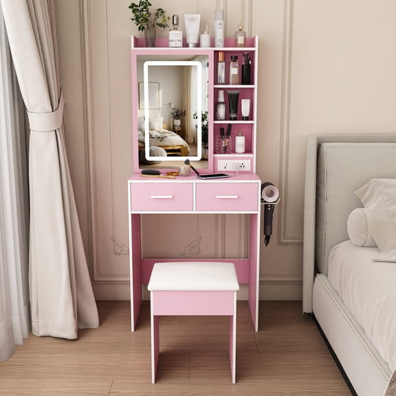 Space-Saving Small Makeup Vanity Desk with Mirror & Adjustable LED Lights, Built-in Power Outlet & Hidden Storage, Includes Padded Stool & Shelf, Pink MDF Dressing Table for Small Bedrooms