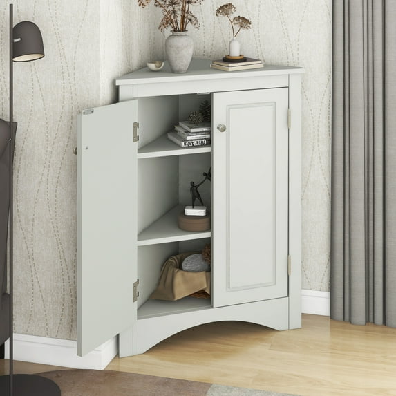 Space Saving Standing Corner Storage Cabinet, Contemporary Floor Storage Cupboard with Door and 2 Adjustable Shelves, for Home Bathroom Bedroom Office, Wood Triangle Storage Cabinet, Gray, D6791