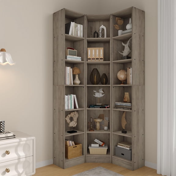 Space Saving Tall Corner Bookcase, 18 Cubby Open Storage Bookshelf, Freestanding Corner Display Rack for Books, Plants & Decor - Light ivory gray