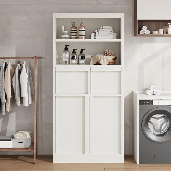 Space-Saving Tall Storage Cabinet for Dining Room – 2 Doors & 2 Drawers – Adjustable Shelves – Freestanding Modern Cupboard for Kitchen, Bathroom, Pantry – White