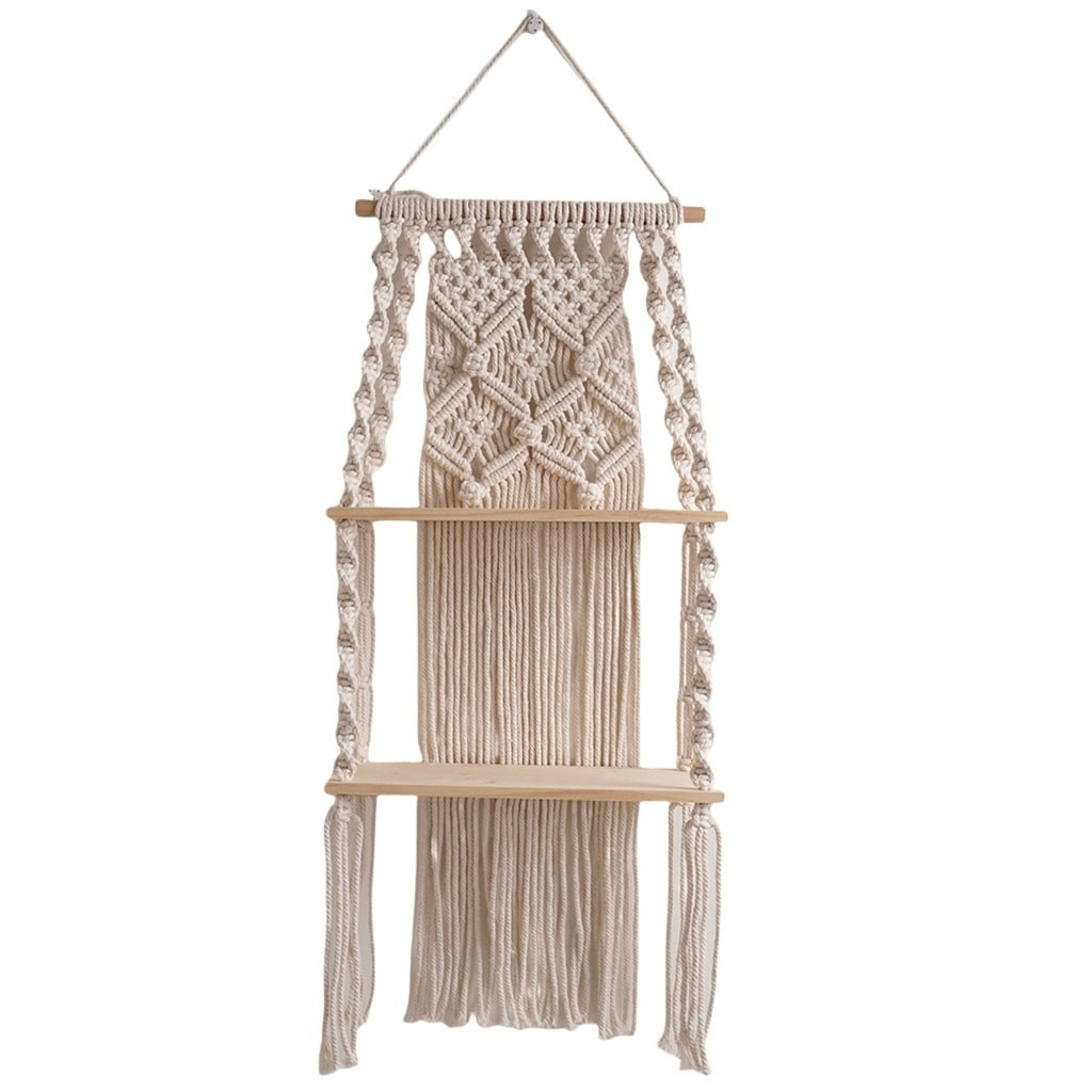 Space Saving Tassels Hanging Wall Shelf 2 Layer Woven Rope Floating ...