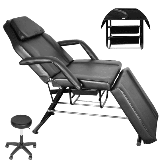 Space Saving Tattoo Chair, Collapsible Design, Split Legs & Storage Trays, Waterproof PU Leather, Salon Spa Equipment for Therapists, Black