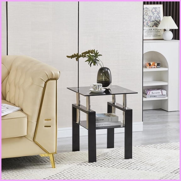 Space-Saving Tempered Black Glass Coffee Table – 2-Layer Storage for Living Room, Easy to Clean
