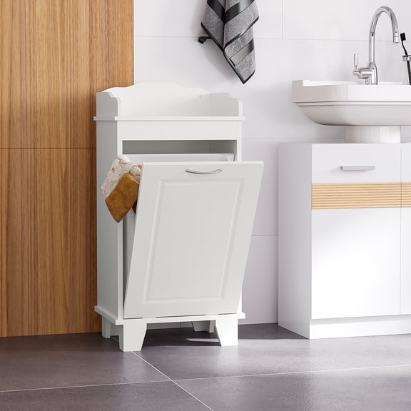 Space Saving Tilt Out Laundry Hamper, 31 Tall Free Standing Bathroom Storage Cabinet for Small Spaces, White Engineered Wood