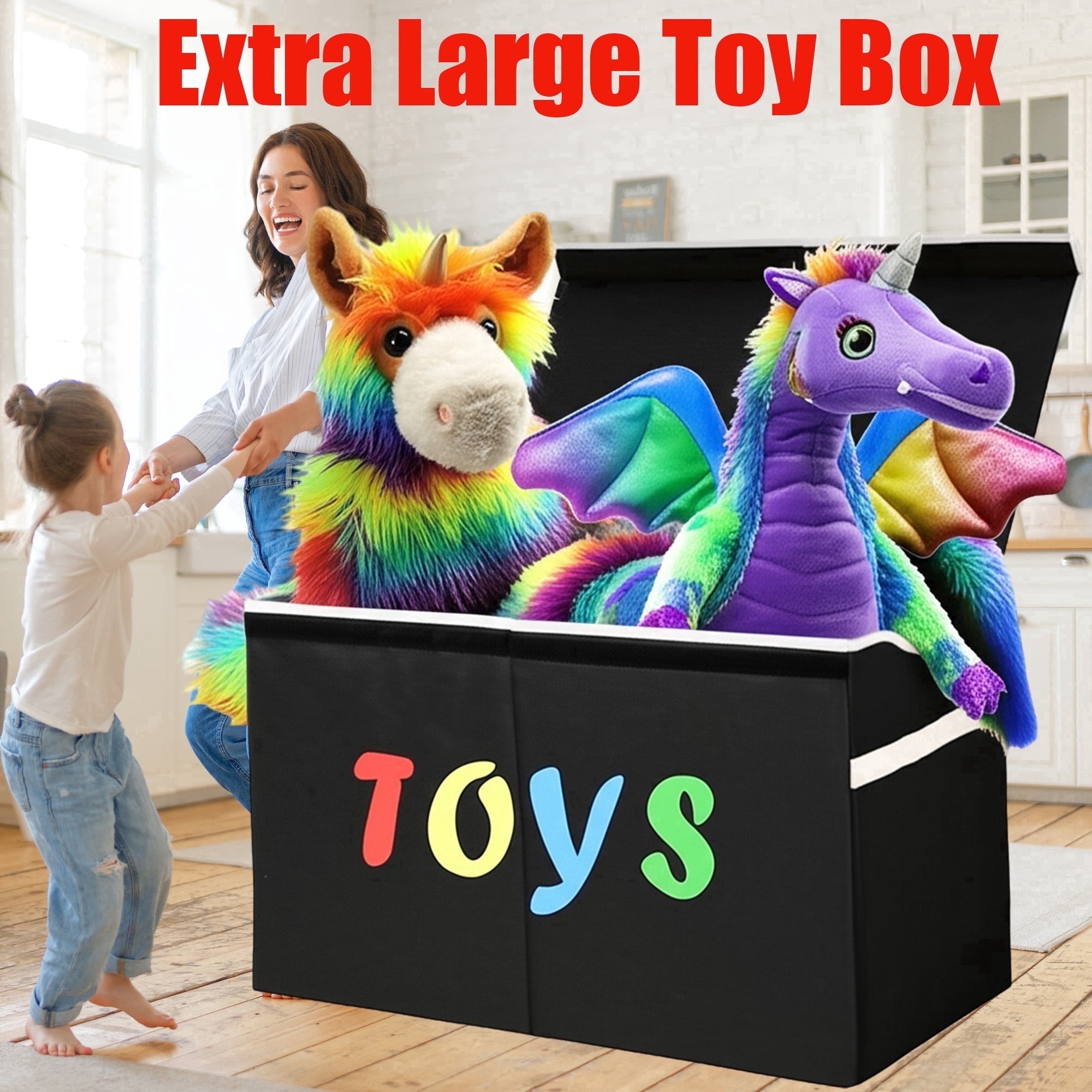 VICTORICH Extra Large Child Collapsible Toy Storage Fabric 32 gal Kids Room Toy Chests with Lid, Black