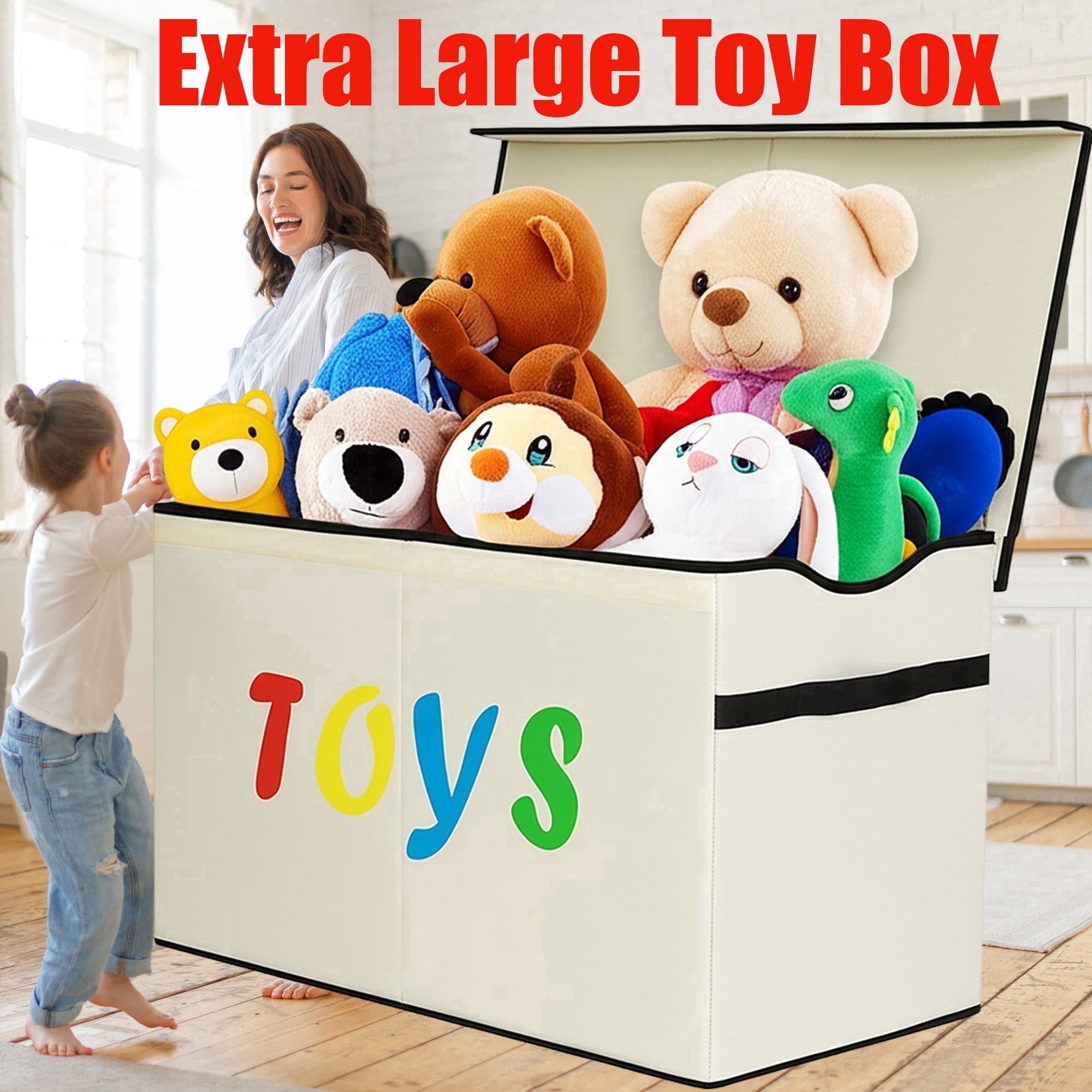 VICTORICH Extra Large Child Collapsible Toy Storage Fabric 32 gal Kids Room Toy Chests with Lid, Beige