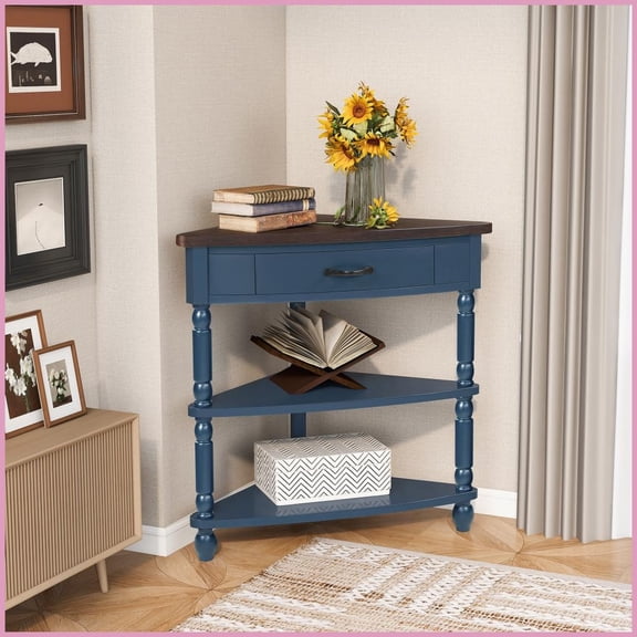 Space-Saving Triangle Corner Coffee Table with Solid Wood Legs, 3-Tier Storage & Waterproof Top for Small Spaces