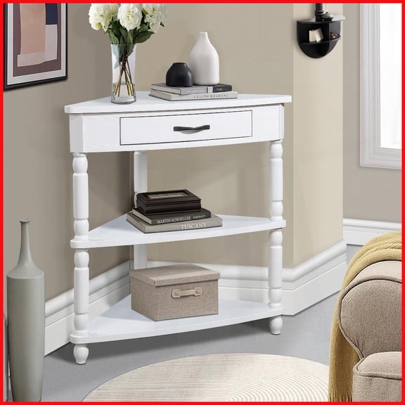 Space-Saving Triangle Corner Coffee Table with Solid Wood Legs & 3-Tier Storage for Small Living/Bedroom