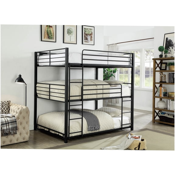 Space Saving Triple Bunk Bed, Full Size Metal Frame with 2 Fixed Ladders, Guard Rails for Safety, Sand Black