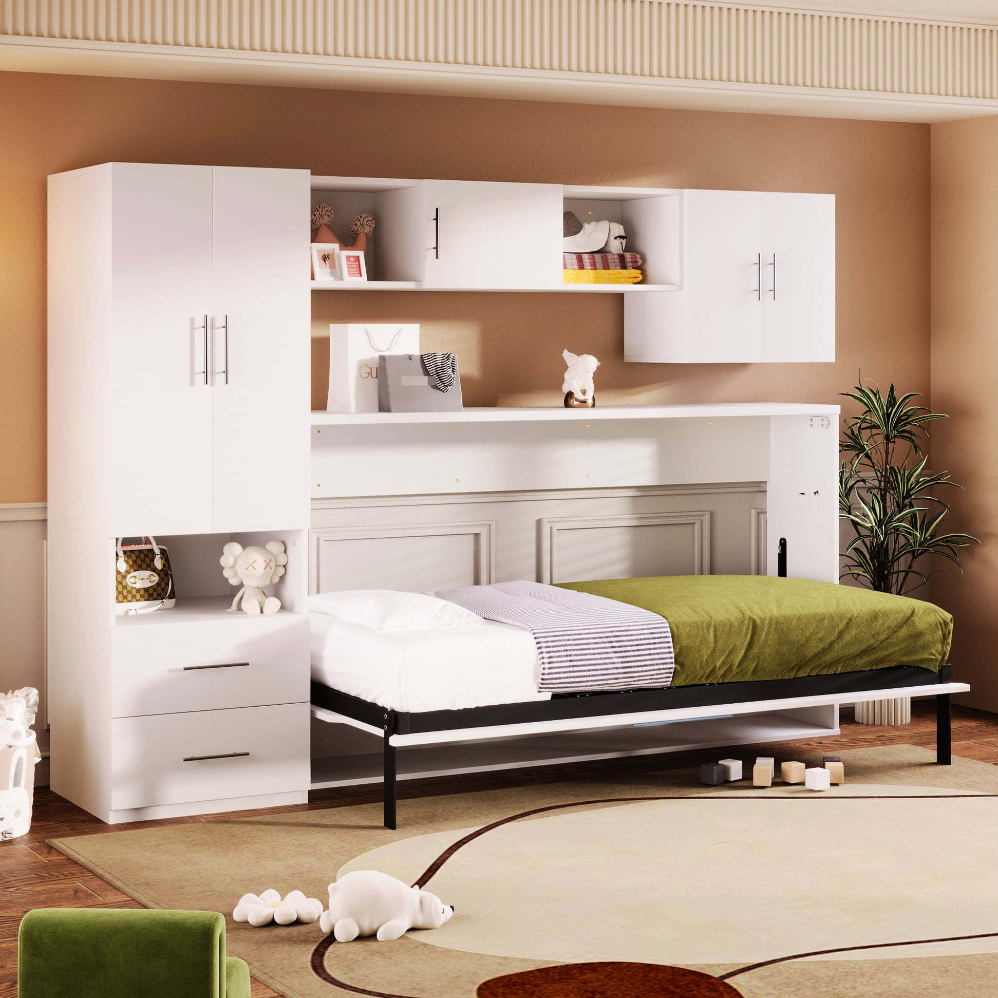 Space Saving Twin Bed In White With Multiple Storage Open Shelves