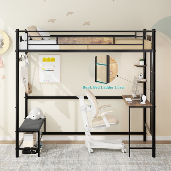 Space Saving Twin Loft Bed Frame with Desk and Storage, Metal & Wood Brown for Bedroom