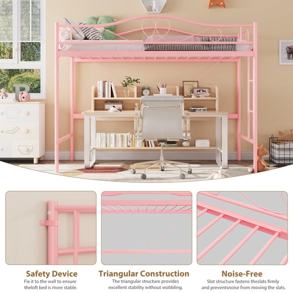 Space-Saving Twin Loft Bed – Heavy Duty Metal Frame, Supports 400 lbs, Removable Ladder, Full Safety Guardrail, Noise-Free, Easy Assembly, No Box Season Needed – Pink