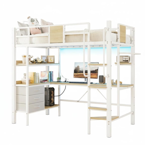Space-Saving Twin Loft Bed with Desk, Stairs & Storage RGB LED Lights, USB Charging, Heavy Duty Metal Frame