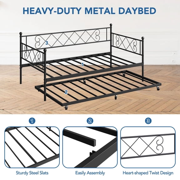 Space-Saving Twin Metal Daybed with Trundle - Heavy Duty Steel Slat Support, Headboard, Convertible Sofa Bed Frame for Living Room, Bedroom, Guest Room - Black, Twin Size Set