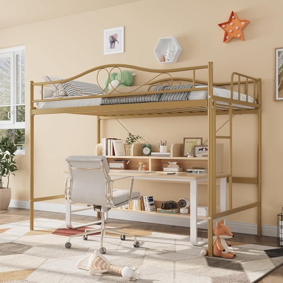 Space-Saving Twin Metal Loft Bed Frame – Heavy Duty 400 lbs Support, Removable Ladder, Full-Length Safety Guardrail, Noise-Free, Easy Assembly, No Box Season Needed – Gold