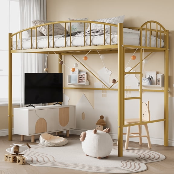 Space-Saving Twin Metal Loft Bed Frame – Sturdy Arched Guardrail, Safety Ladder, Modern Bedroom Furniture, No Box Spring Needed, Heavy Duty