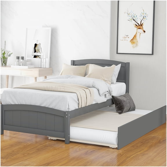 Space Saving Twin Platform Bed Frame with Trundle, Gray Finish, Solid Wood Support