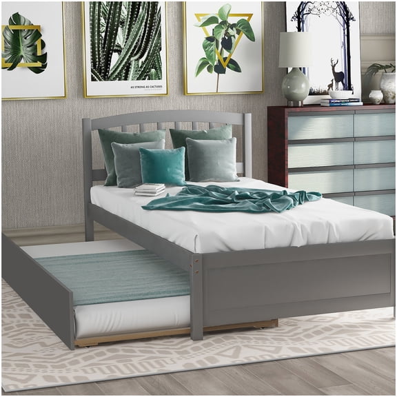 Space Saving Twin Platform Bed with Pull Out Trundle, Low Profile Design, Gray Wood Frame