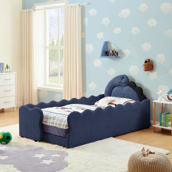Space Saving Twin Size Dinosaur-Shaped Bed with Safety Guardrails, Solid Wood Bed Frame for Bedroom, Boucle Fabric Navy Blue