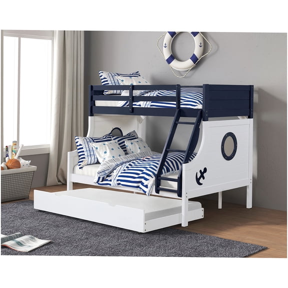 Space Saving Twin over Full Bunk Bed with Ladder, Modern Blue and White Wood Frame Bunkbed