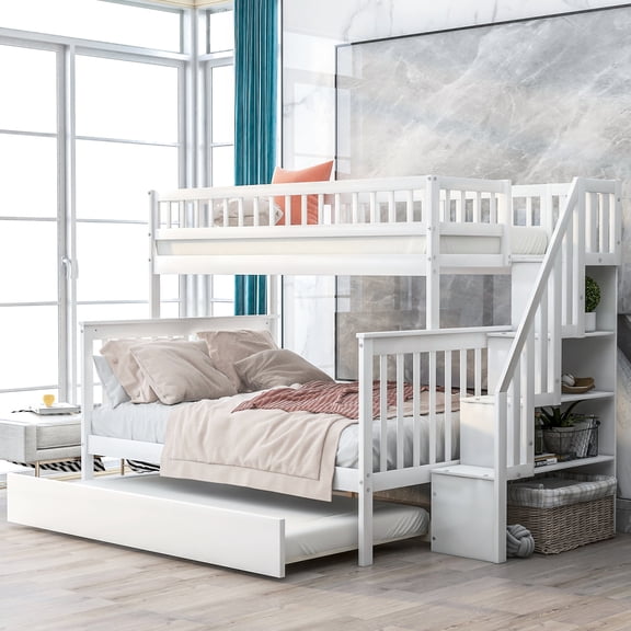 Space-Saving Twin over Full Bunk Bed with Trundle / Sleep 4 Comfortably in Shared Spaces