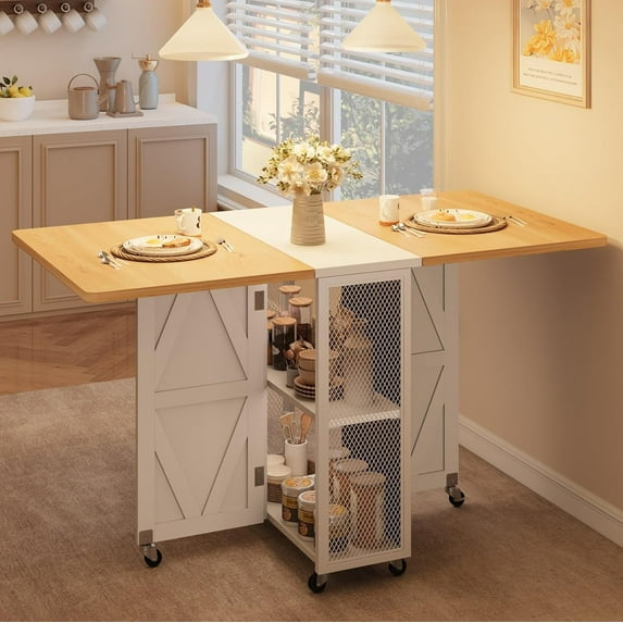 Space Saving Versatile Folding Kitchen Dining Table with Wheels & Storage Shelf for Small Apartment, Folding Dining Table