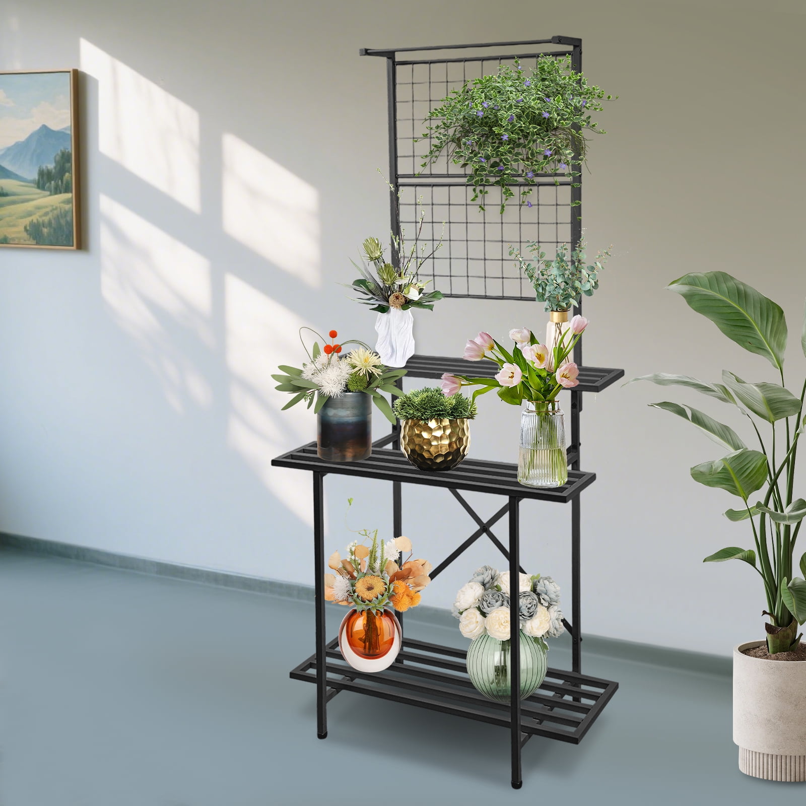 Space-Saving Vertical Plant Stand, 220lbs Capacity & Tool-Free Assembly,  Black Modern Design for Sunroom/Flower Shop/Home Depot