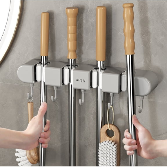 Wall Mounted Broom and Mop Holder, 4 Slot Organizer with 5 Hooks for Brooms, Mops and Garden Tools, Space Saving Storage Rack TIKA