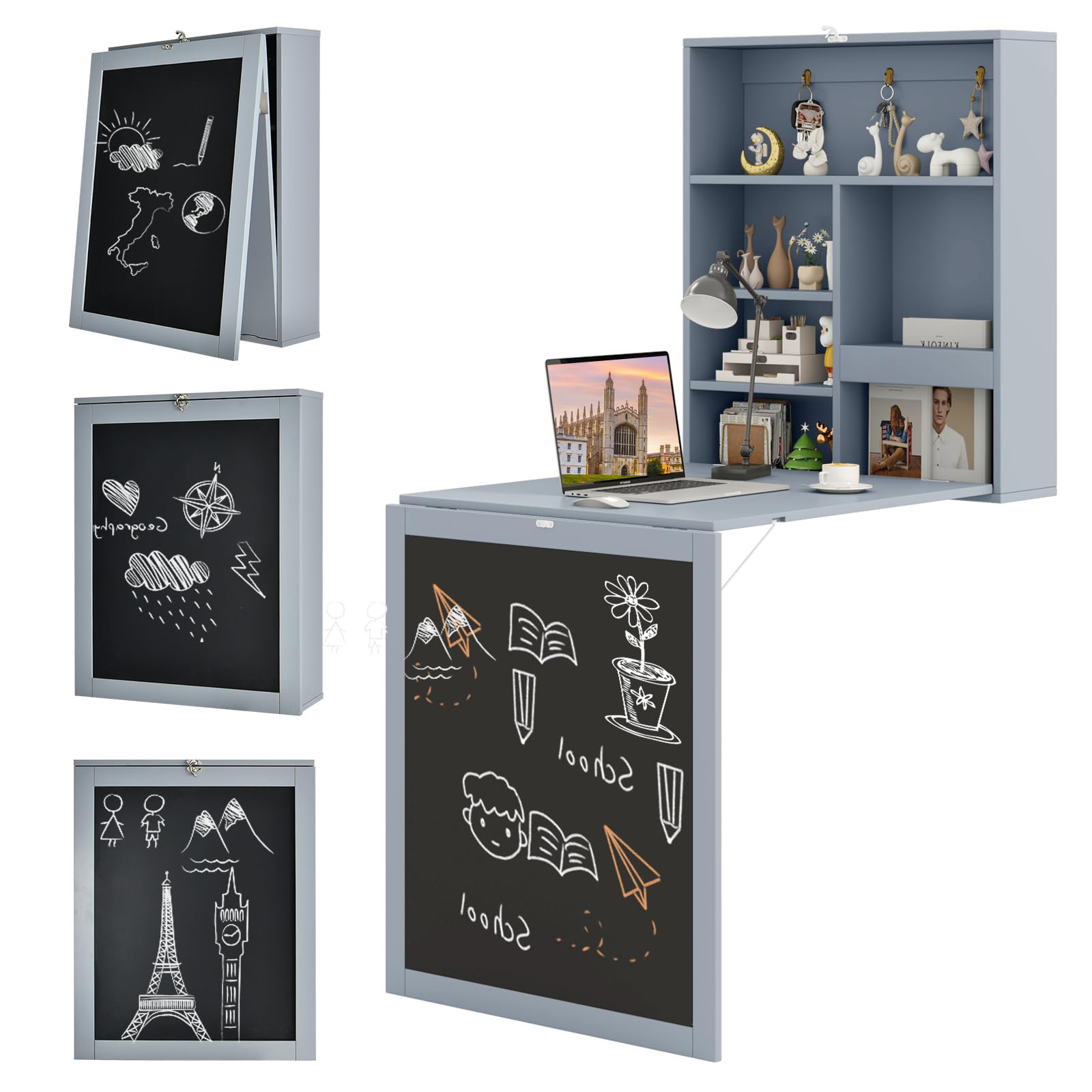Space Saving Wall Mounted Foldable Desk with Chalkboard Storage Shelves ...