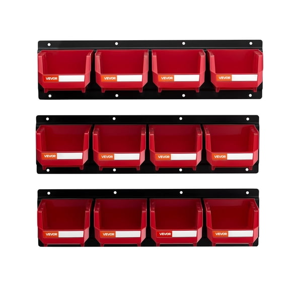 Space-Saving Wall Mounted Stackable Bin Organizer, 12 Red Plastic Bins & 3 Metal Rails Keep Screws, Nuts, Bolts, Hardware Neat in Garage, Workshop, or Craft Room