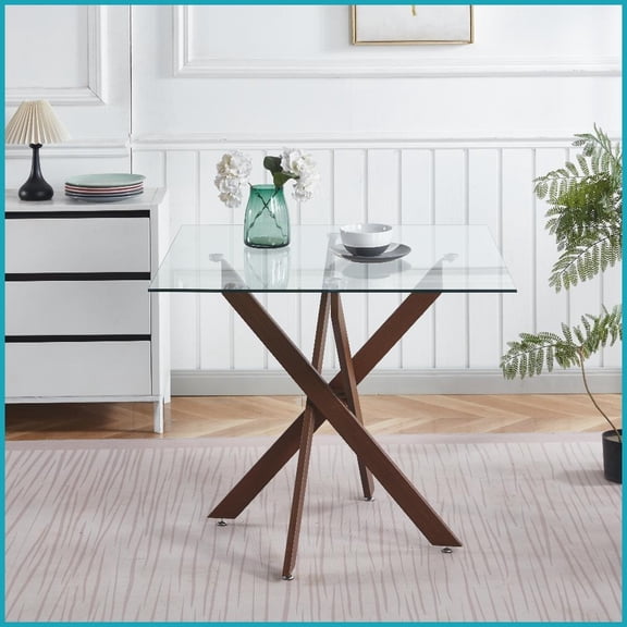 Space-Saving Walnut Coffee Table with Cross Metal Legs & Tempered Glass, Easy-Clean Living Room Friendly
